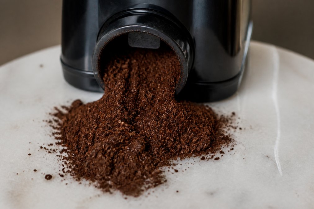 Close-up of freshly ground coffee beans spilling from a burr grinder onto a white ceramic surface, showing medium-fine grounds with visible texture and consistency