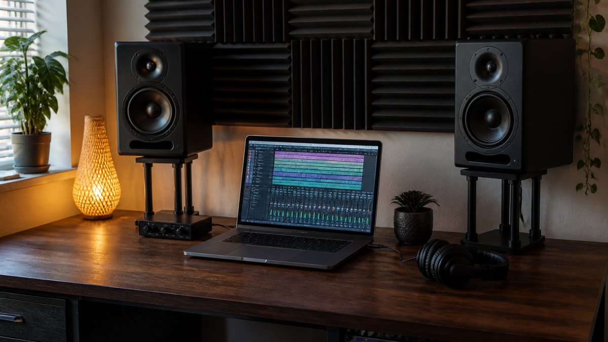 A home studio desk with two studio monitors, a laptop showing a DAW session, and acoustic foam panels on the wall behind the speakers, warm evening light