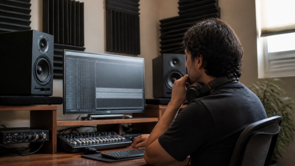 A home studio workspace with acoustic foam panels on the walls, studio monitors on desk stands, and a producer sitting in the mix position with headphones around their neck, looking at a DAW screen