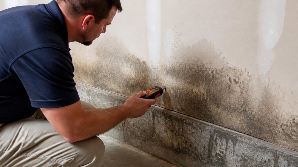 Professional technician using moisture meter on basement wall showing water staining and discoloration near concrete foundation, with damp drywall visible in background