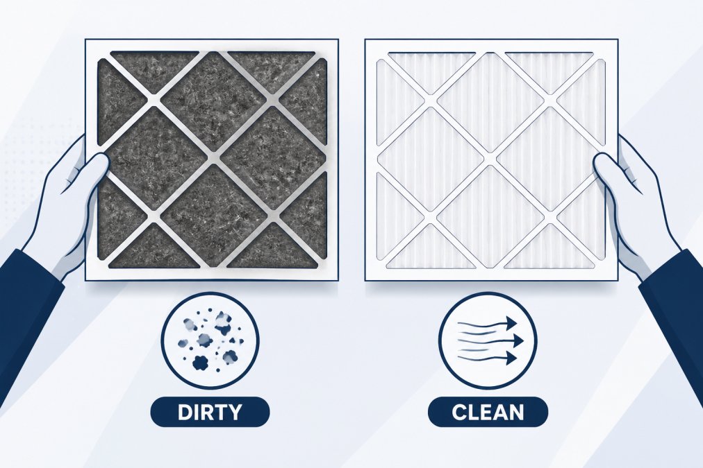Close-up of a heavily soiled, gray air filter held next to a pristine white replacement filter, showing stark contrast in color and debris accumulation