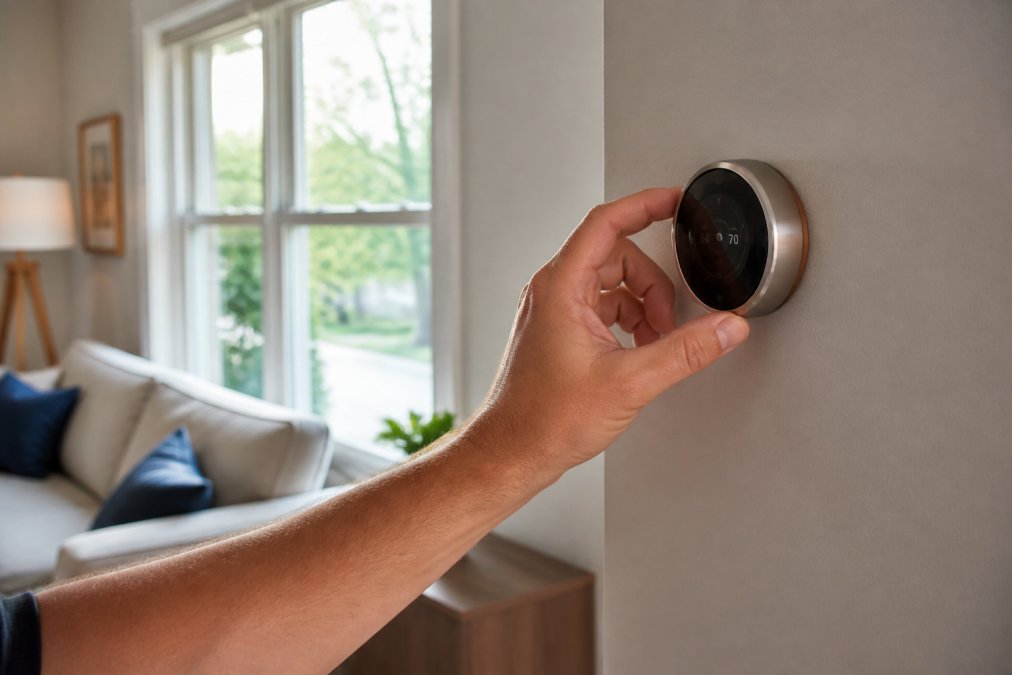 Homeowner's hand adjusting a modern smart thermostat mounted on a residential living room wall, with warm natural light from nearby windows