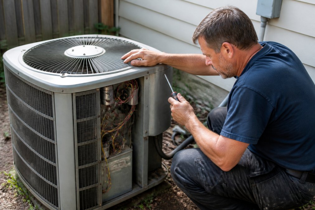 Homeowner inspecting loose parts in an outdoor AC unit to fix HVAC noise issues