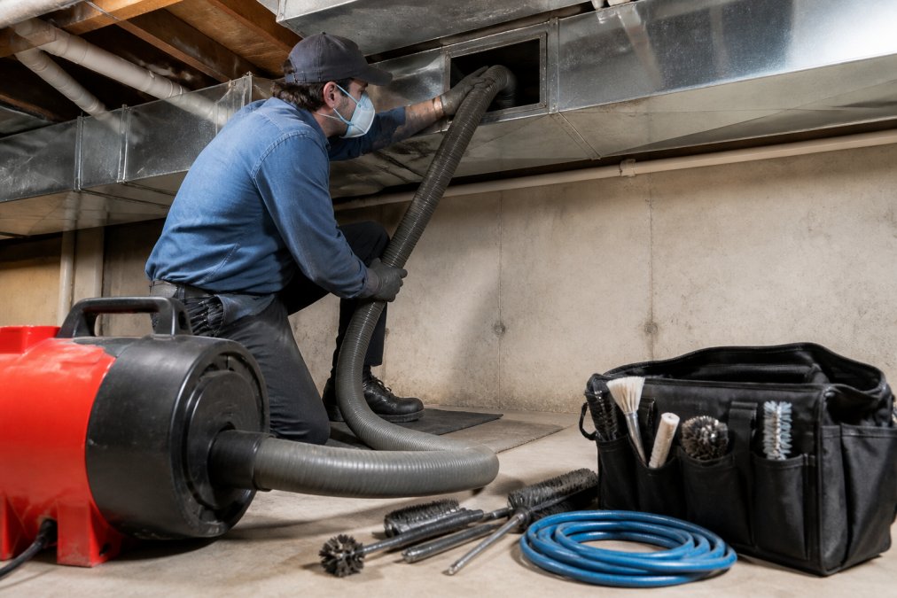 Professional HVAC technician wearing protective gloves and mask using specialized air duct cleaning equipment with long flexible hose to clean inside residential ductwork from an access point in a basement