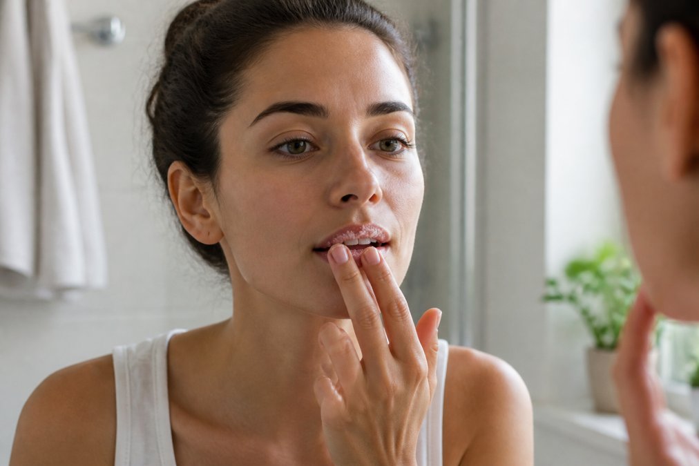 Woman gently massaging a sugar lip scrub onto her lips with a fingertip in a bright, clean bathroom setting