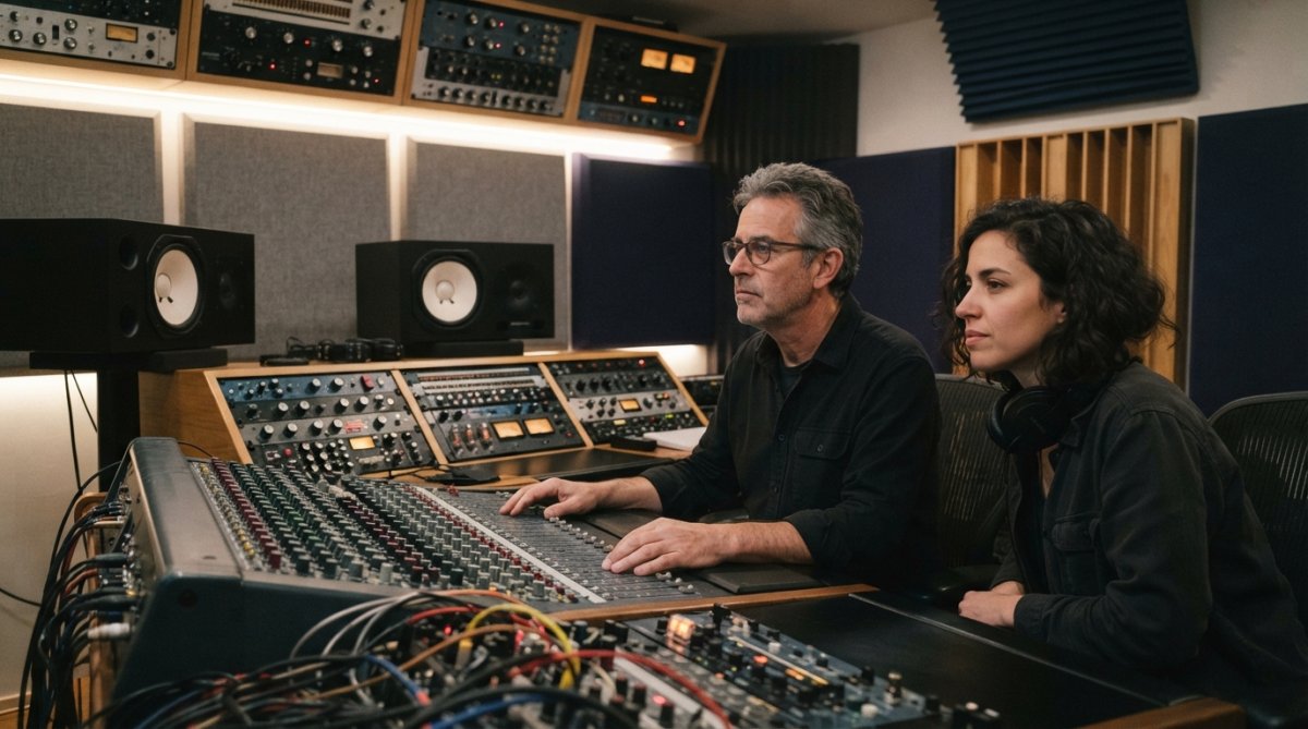 A music producer listening critically at a mixing desk with studio monitors and acoustic treatment panels mounted on the walls, soft LED lighting illuminating the room