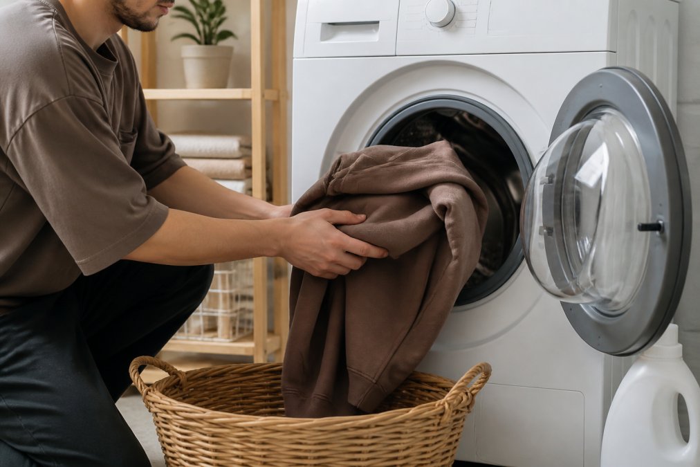 Person placing an oversized hoodie into a cold wash cycle to avoid hoodie shrinking in a bright utility room