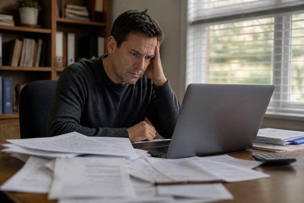 Person at a desk reviewing personal information on a computer screen with documents scattered around, showing concern about data exposure