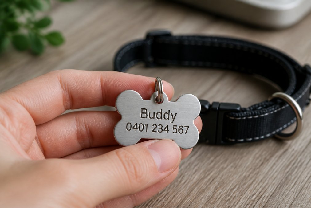 Close-up of a hand holding a personalised pet ID tag showing clearly engraved pet name and phone number with a dog collar visible in the background