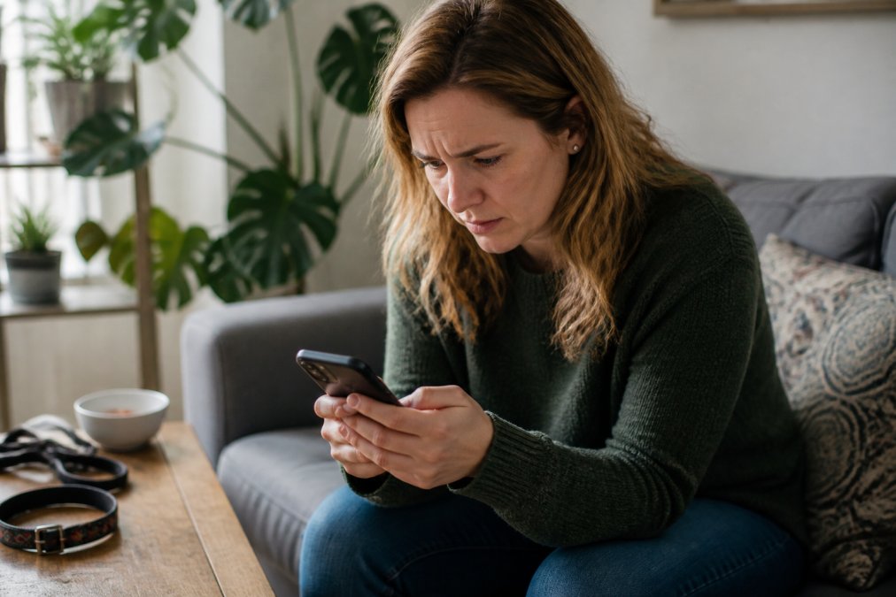 A pet owner checking their smartphone for pet location information with a concerned expression, sitting at home with pet accessories visible on a table beside them