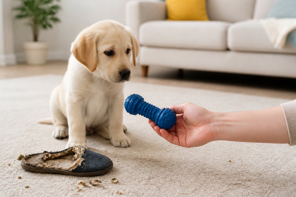 Diagram showing the redirection process for puppy chewing solutions using a durable toy instead of slippers.