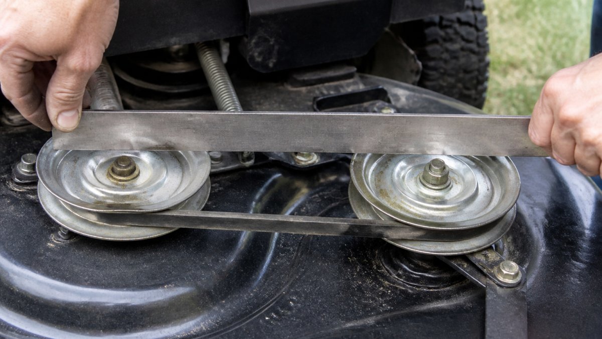 Diagram showing a straightedge tool checking pulley alignment to prevent a riding mower belt falling off.