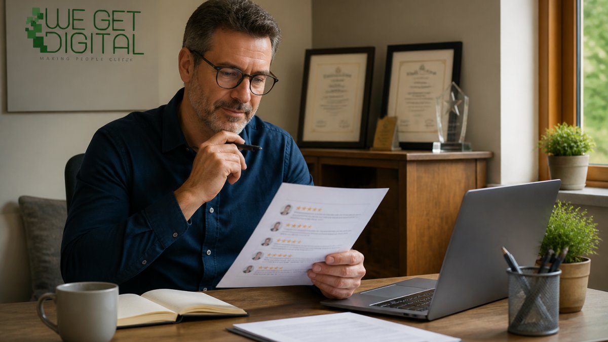 Why Your Service Website Isn't Getting Enquiries 1 business owner reviewing testimonials and trust awards to improve service website enquiries