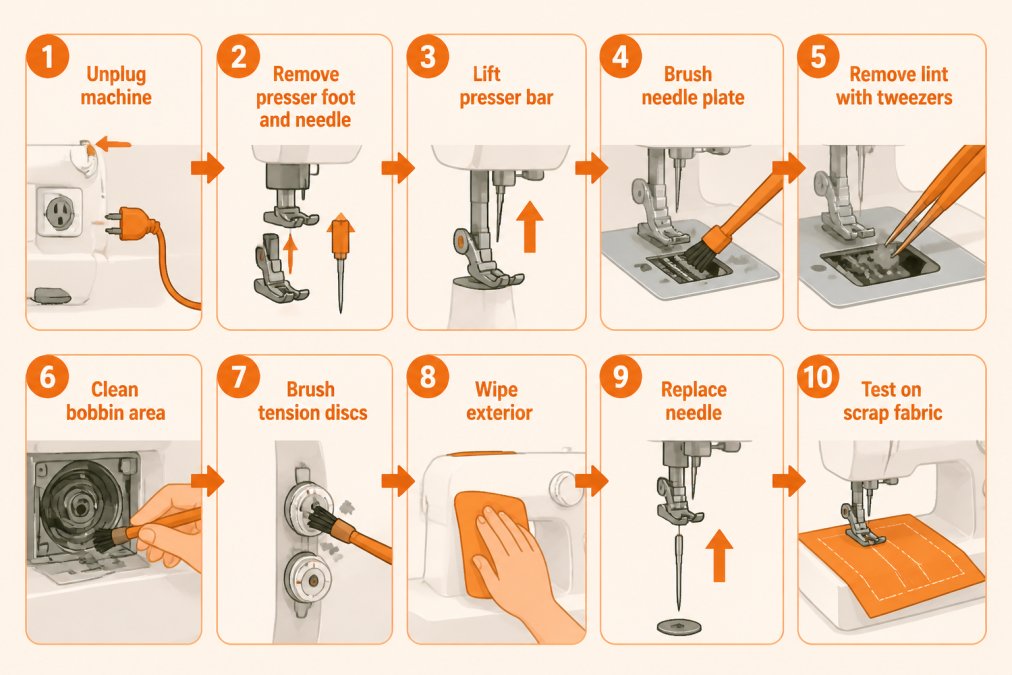 Flowchart showing cleaning steps: Unplug machine → Remove presser foot and needle → Lift presser bar → Brush needle plate → Remove lint with tweezers → Clean bobbin area → Brush tension discs → Wipe exterior → Replace needle → Test on scrap fabric