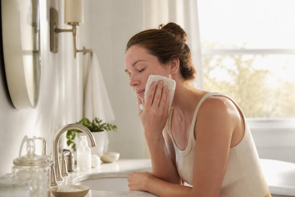 Woman gently patting her face with a soft cloth to avoid feeling dry after cleansing in a bright bathroom.
