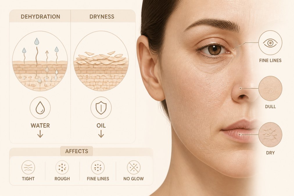 Close-up of a person's face showing visibly dehydrated, dull skin texture under natural morning light, with emphasis on fine lines around the eyes and cheeks and a lack of natural glow