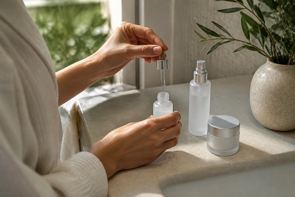 Hands applying skincare products in sequence, aloe toner, hydrating serum, and moisturizer, on a bathroom counter with soft natural window lighting