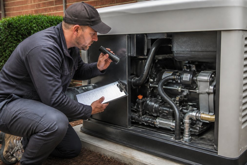 Homeowner inspecting standby generator fuel lines to prevent a generator gas smell using a maintenance checklist