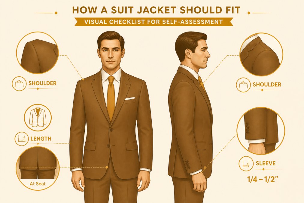 Professional man wearing a properly fitted suit jacket photographed from front and side angles showing correct shoulder seam alignment at the shoulder point, jacket length reaching mid-seat, and shirt cuff showing exactly one-quarter inch below jacket sleeve