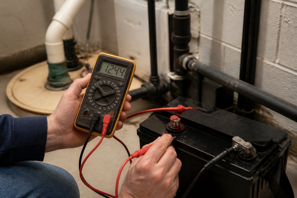 Hands holding a digital multimeter with probes touching a sump pump battery terminal, display showing voltage reading, in a basement setting with overhead lighting
