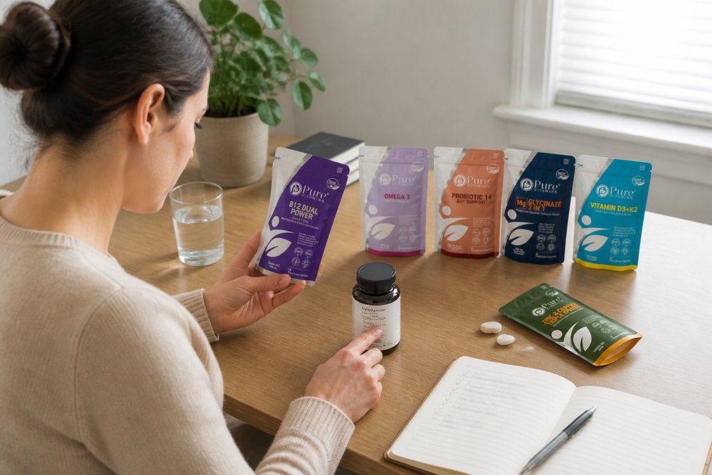 Person sitting at a desk reviewing supplement bottles and labels, with a notebook and pen, checking ingredient lists and dosage information carefully under natural daylight
