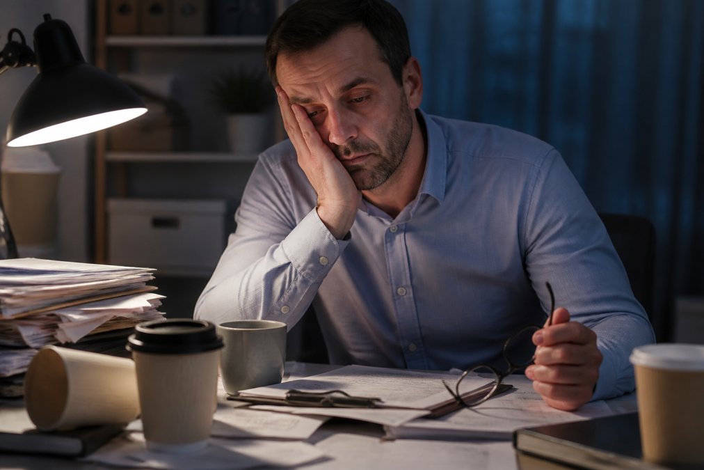 Middle-aged man appearing fatigued at his desk in a dimly lit office, surrounded by coffee cups and paperwork, with visible signs of poor sleep and stress in his facial expression and posture