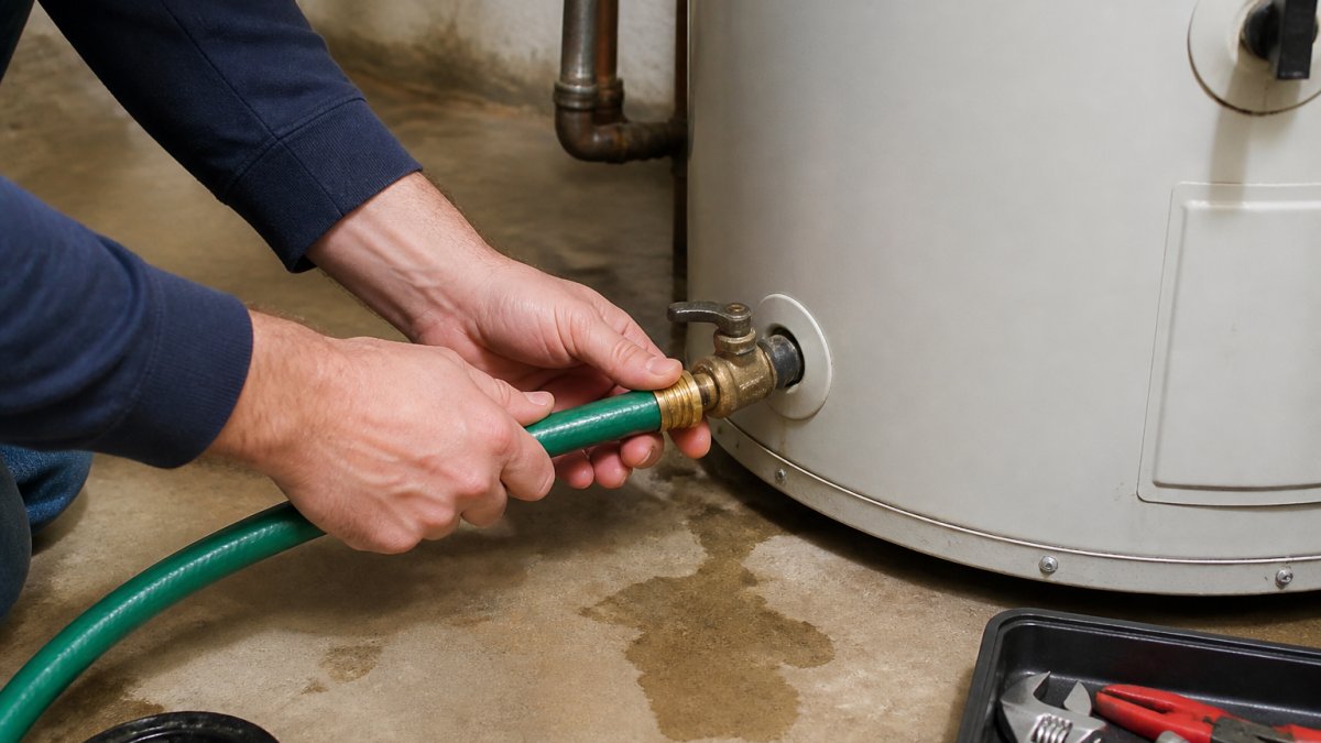 Diagram showing a plumber connecting a hose to flush a water heater making noise and sediment buildup