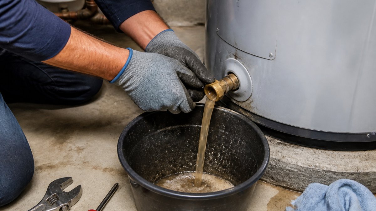 Plumber opening a water heater drain valve to fix a popping noise by flushing out sediment into a bucket