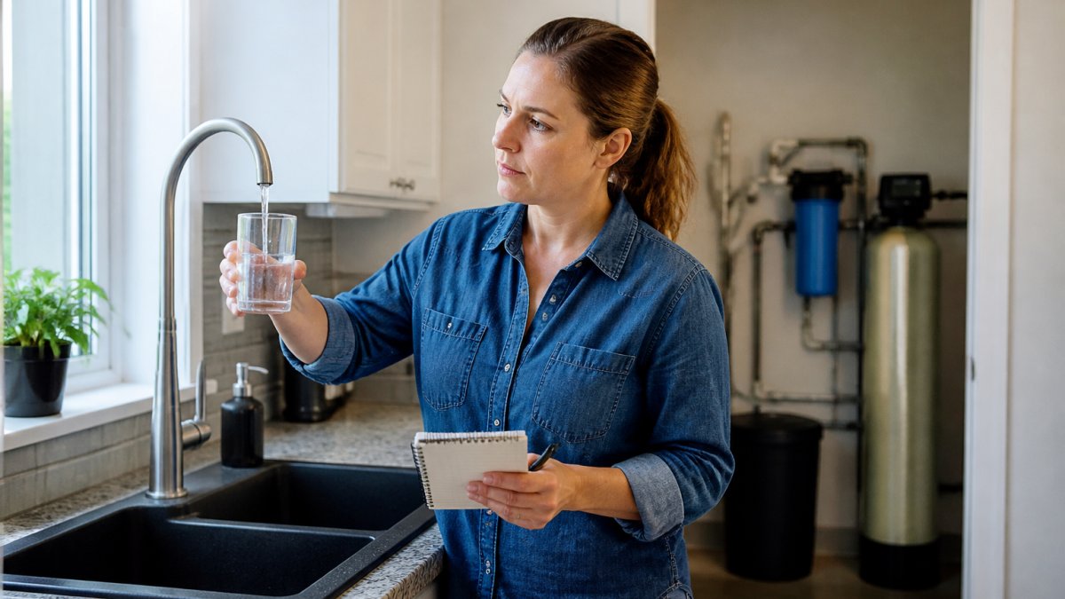 Homeowner examining tap water in a glass to diagnose a water smell like rotten eggs at the kitchen sink