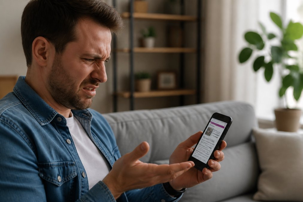 Person holding a smartphone viewing a poorly designed website with confusing navigation and small text, showing frustration on their face in natural lighting