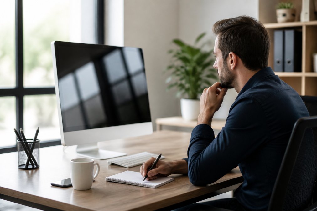 Business owner at a desk looking at website analytics on a computer monitor, with a notepad and pen for tracking insights, in a bright modern office