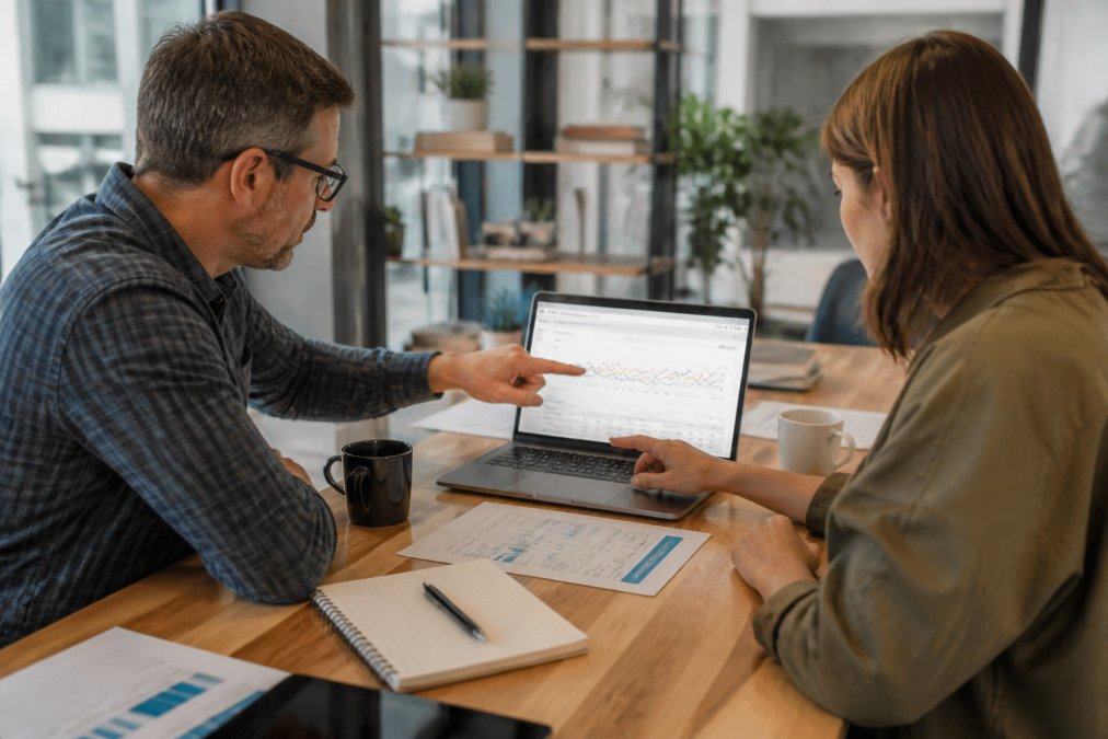 Business owner and consultant reviewing analytics graphs after losing traffic on a laptop screen