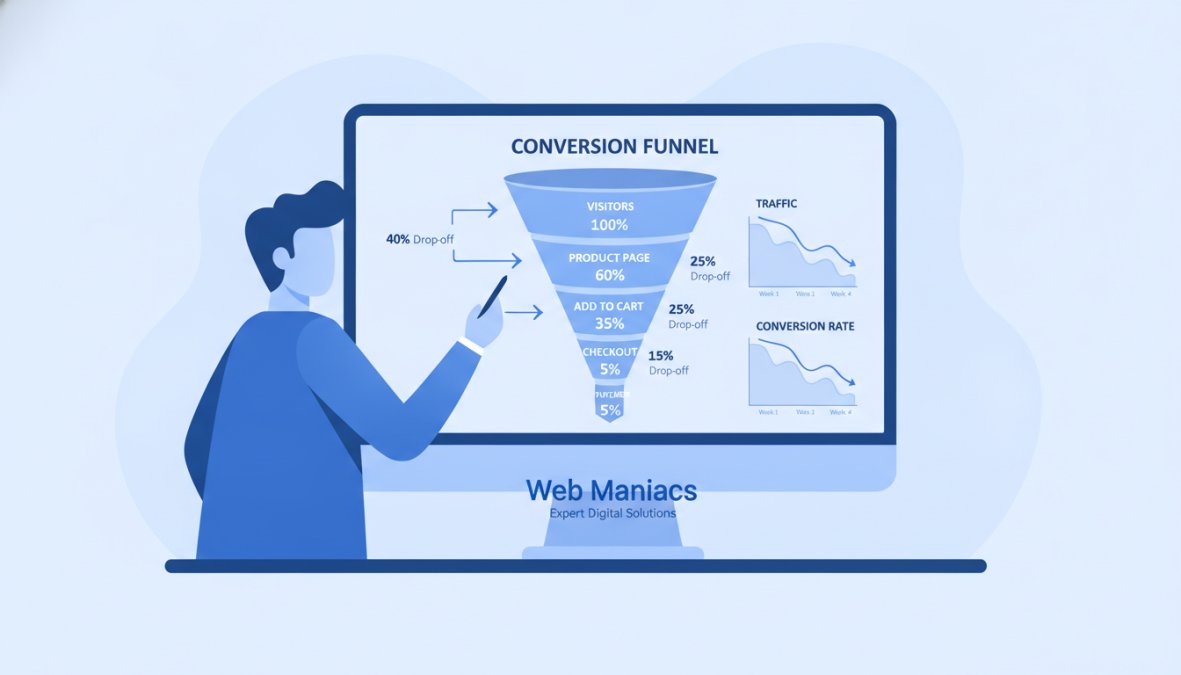 Business analyst reviewing website conversion funnel metrics on a computer screen with line graphs and drop-off percentages visible on the monitor