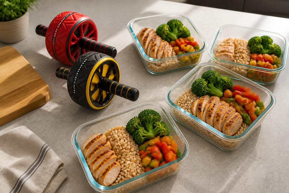 Overhead view of meal prep containers with grilled chicken breast, brown rice, steamed broccoli, and colorful vegetables arranged on clean kitchen counter with natural afternoon lighting