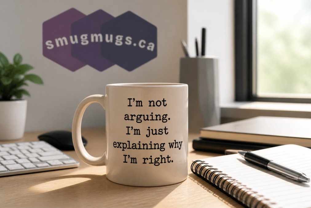 A sarcastic ceramic mug sitting on a tidy office desk next to a keyboard, creating a wicked burn vs professional vibe.