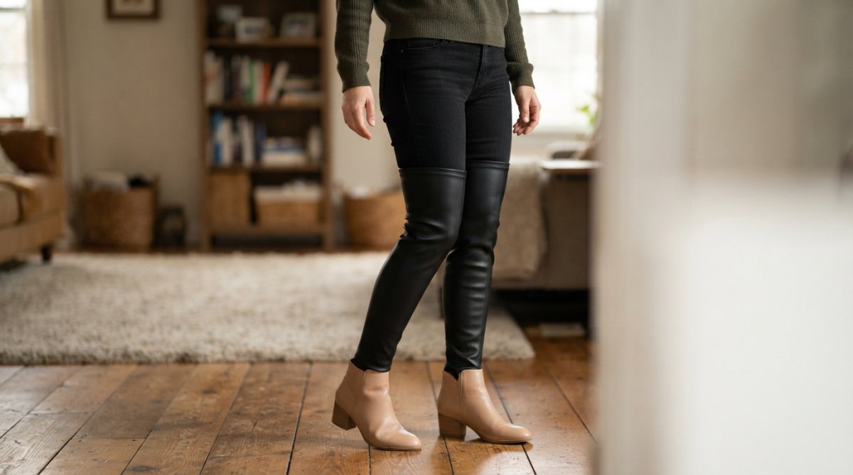 Woman wearing black skinny jeans tucked seamlessly into a nude heel with a black thigh-high boot sleeve, demonstrating the continuous vertical line from hip to heel with professional lighting