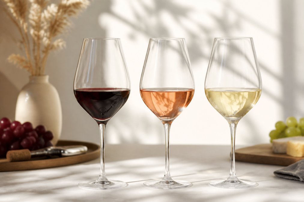 Weinverkostung mit drei eleganten Gläsern alkoholfreier Weine in verschiedenen Farbtönen (tiefes Rot, zartes Rosé, helles Weiß) auf hellem Untergrund mit natürlichen Lichtstrahlen, die die Farben zum Leuchten bringen