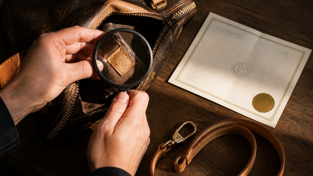 Nahaufnahme von Händen, die das eingenähte Etikett einer Designerhandtasche mit einer Lupe prüfen, daneben ein Echtheitszertifikat und ein Lederriemen auf einem dunklen Holztisch bei warmem Seitenlicht
