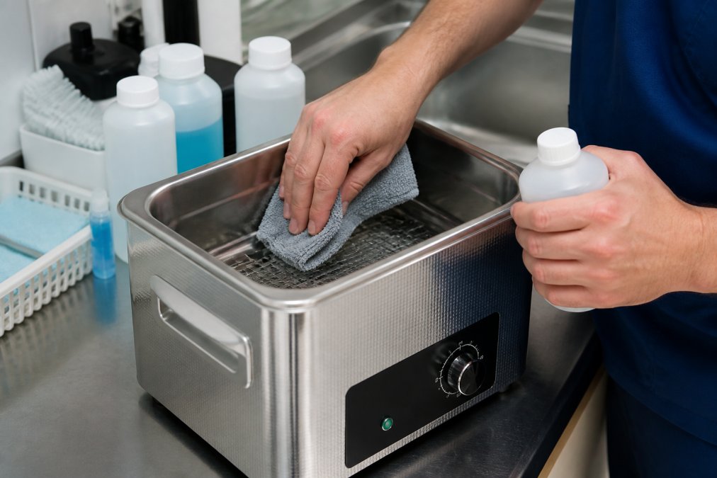 Nahaufnahme einer Person, die eine Ultraschallreinigungswanne mit einem weichen Tuch und destilliertem Wasser reinigt, während Reinigungsmittelflaschen im Hintergrund stehen