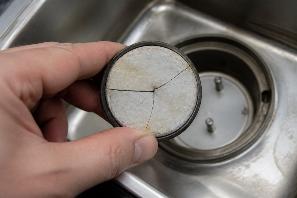 Detailaufnahme einer beschädigten Piezokeramik-Komponente in einer Ultraschallwanne mit sichtbaren Rissen und Verschleißspuren unter heller Beleuchtung