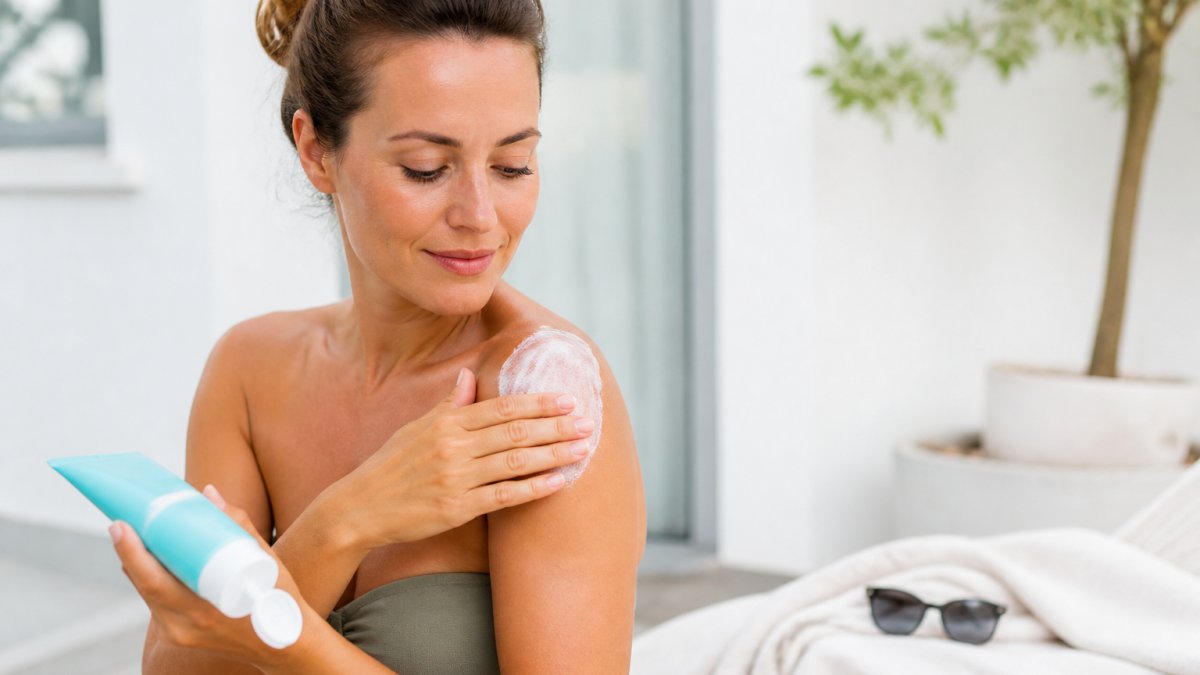 Eine Frau Mitte 30 cremt nach dem Sonnenbad ihre Schultern mit einer After-Sun-Lotion ein, auf einer hellen Terrasse mit Handtuch und Sonnenbrille im Hintergrund