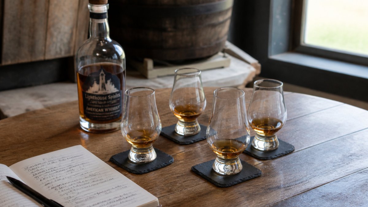 A small tasting table with several whiskey glasses, a bottle of small-batch craft whiskey, and a notebook with handwritten tasting notes, warm natural light