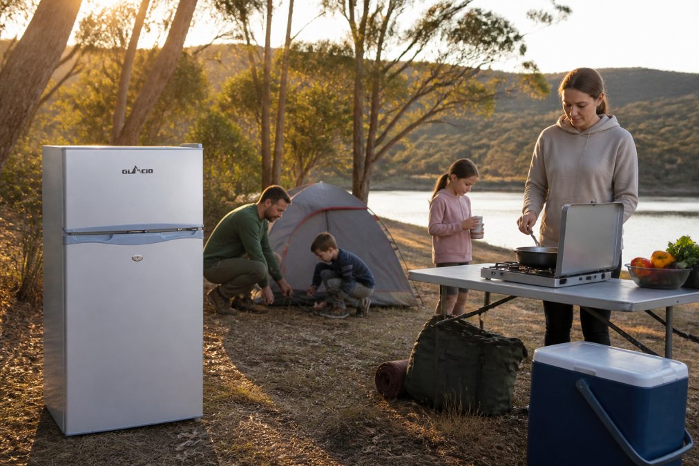 Family setting up camp at a scenic outdoor location with portable camping equipment, including a portable fridge and portable stove visible in the foreground, golden afternoon light filtering through trees