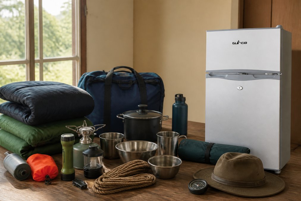Close-up of camping gear laid out on a table including sleeping bags, cooking utensils, portable cooler, and other essentials arranged neatly with natural window light