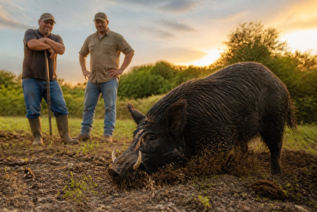A large feral hog with coarse black hair and visible tusks rooting through a muddy field at golden hour, dirt flying behind its snout