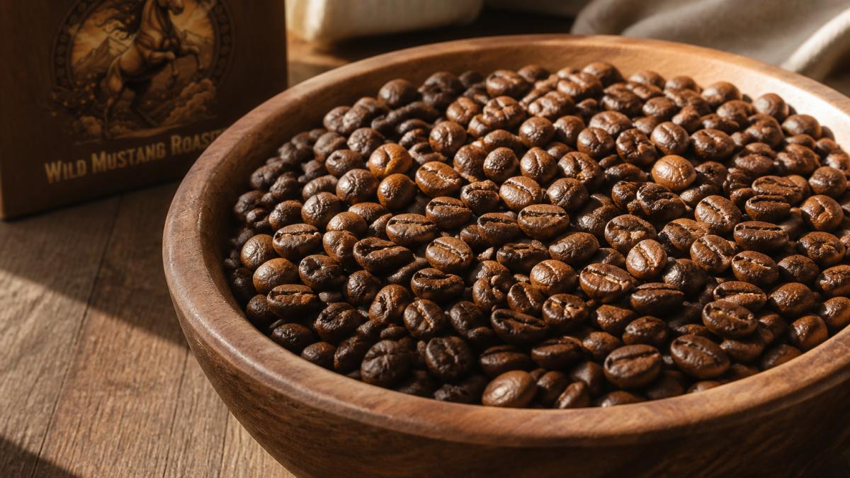 Close-up of whole coffee beans in a rustic wooden bowl, showing rich color variation and texture of medium and dark roast beans with warm morning sunlight illuminating the natural oils on the bean surface
