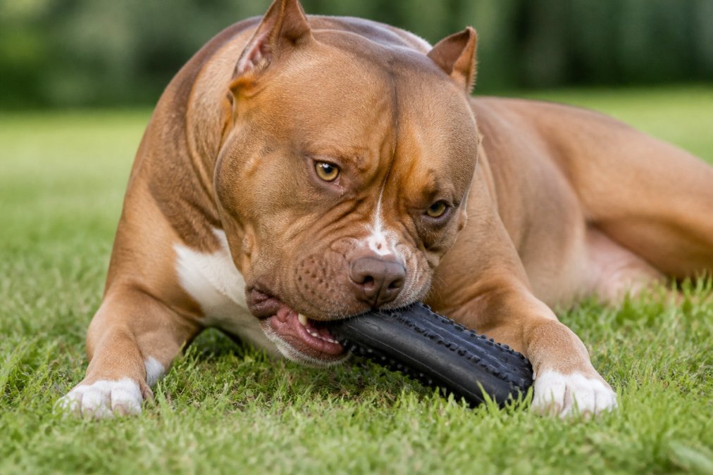 A muscular dog with focused intensity mid-chew on a thick natural rubber toy, teeth engaged and jaw clenched, showing the toy's resistance to pressure in bright natural daylight
