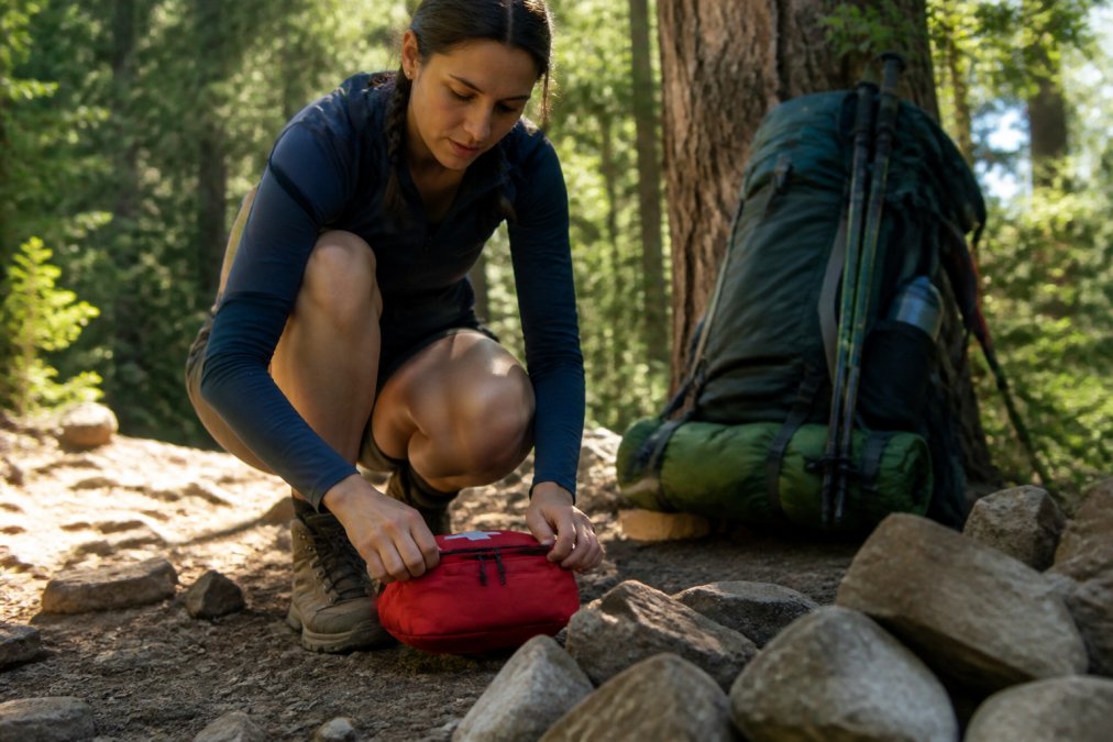 A backpacker's hands carefully packing a compact red first aid pouch on a rocky trail, a loaded pack leaning against a pine tree in the background, dappled forest light filtering through the canopy