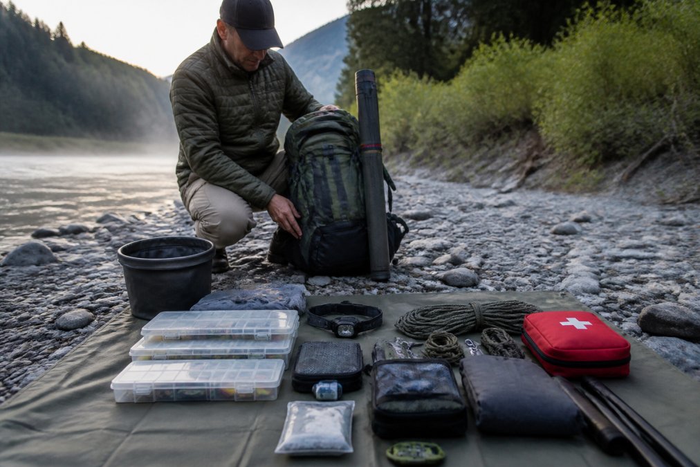 Hiker organizing wilderness-ready equipment on a tarp by a riverbank at dawn with a packed 40-liter backpack.