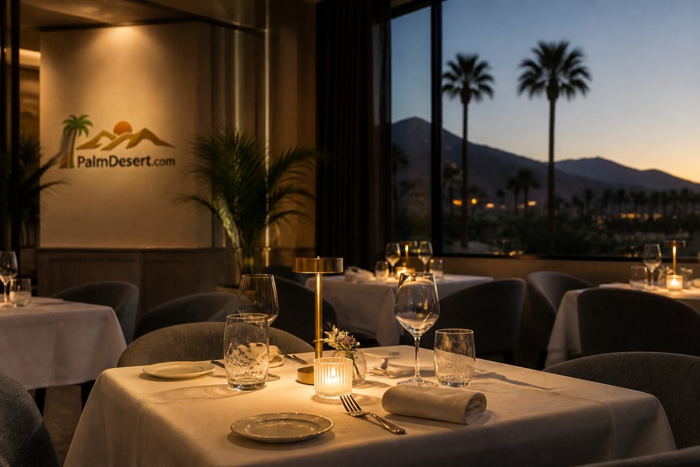 Elegant fine dining room with warm ambient lighting, intimate table settings with crisp linens, and sophisticated neutral interior design at dusk